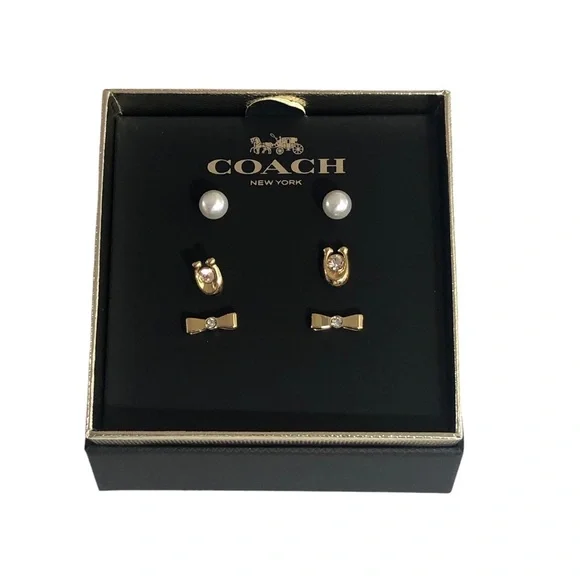 Coach Bow Earring 3 Pc Set Matching Goldtone Pearl Bow Box Set - Picture 3 of 13